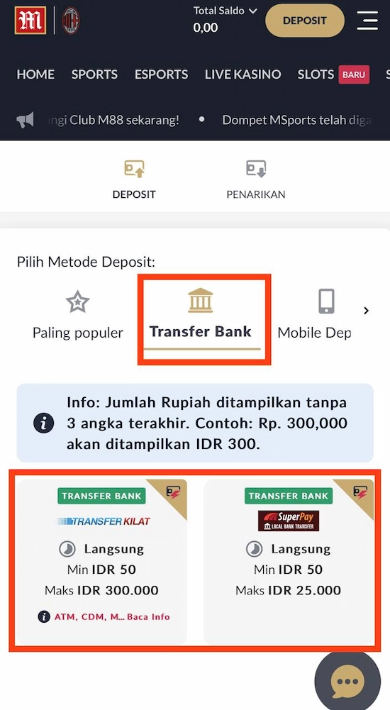 Deposit M88 - Transfer Bank