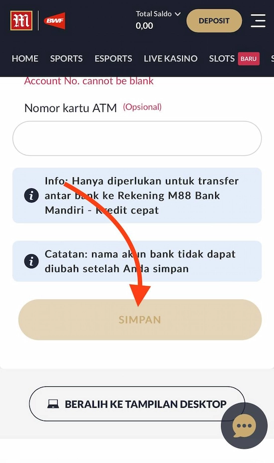 Deposit M88 - Transfer Bank