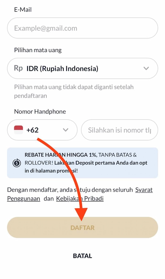 Langkah 3: Periksa Kembali Informasi daftar M88. Kemudian Klik "Daftar" untuk Menyelesaikan