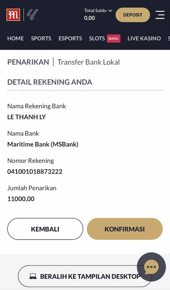 Lakukan Penarikan dari M88 ke Rekening Bank